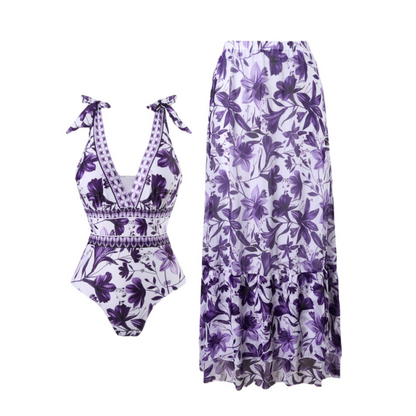 V-Neck Printed One-Piece Swimsuit with Matching Cover Skirt