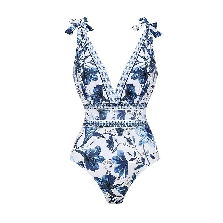 V-Neck Printed One-Piece Swimsuit with Matching Cover Skirt